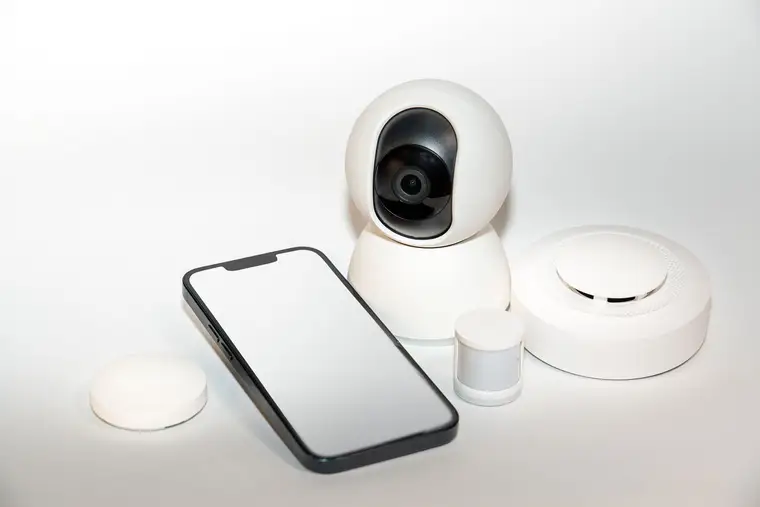 Smart home devices – camera, sensors and hub – next to a smartphone